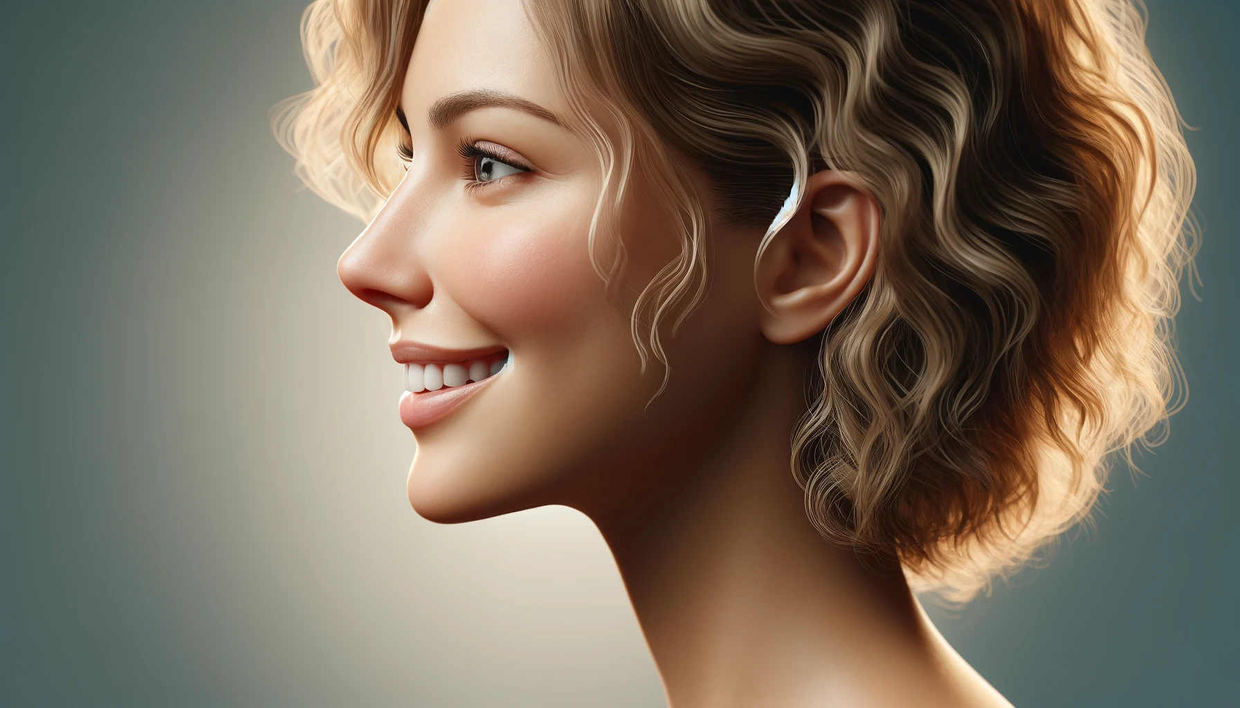 a smiling woman shown in profile, focusing on her shaped nose. The woman has short curly blonde hair and a joyful expression.