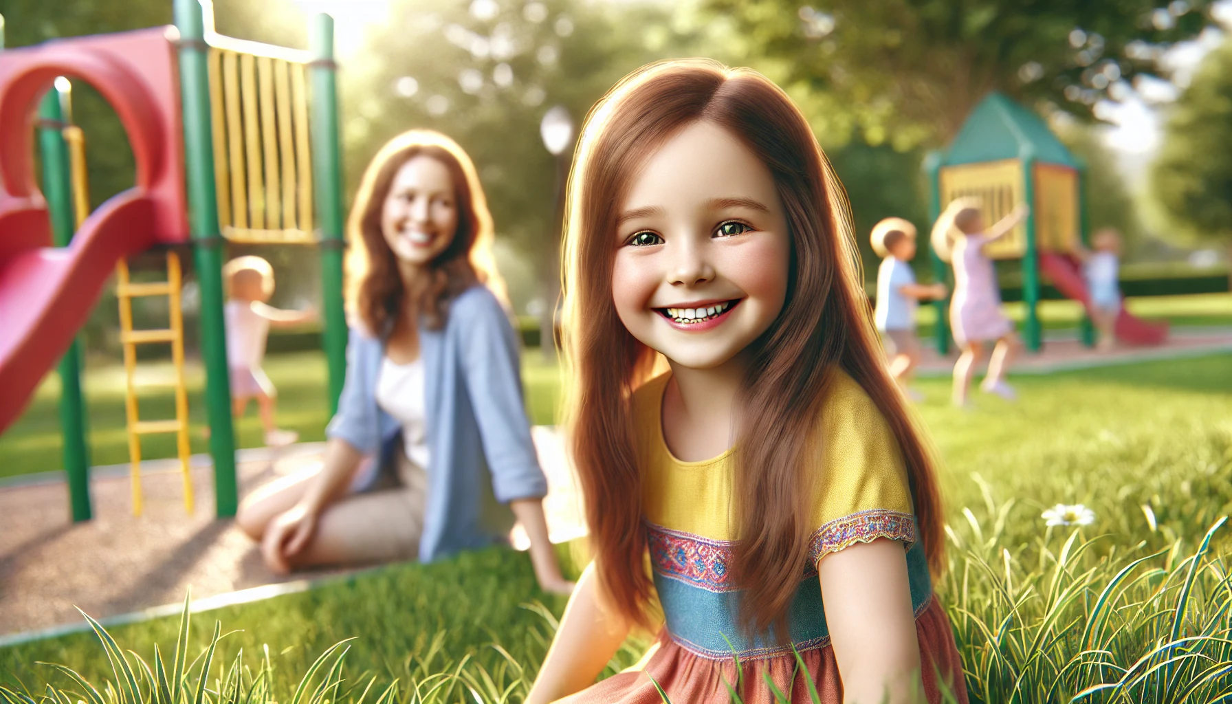 a smiling young girl playing in a park. The girl has long brown hair, wearing a bright-colored dress, and is playing on the grass near a playground. In the background, her mother, with light brown hair and wearing a casual outfit, is watching her.